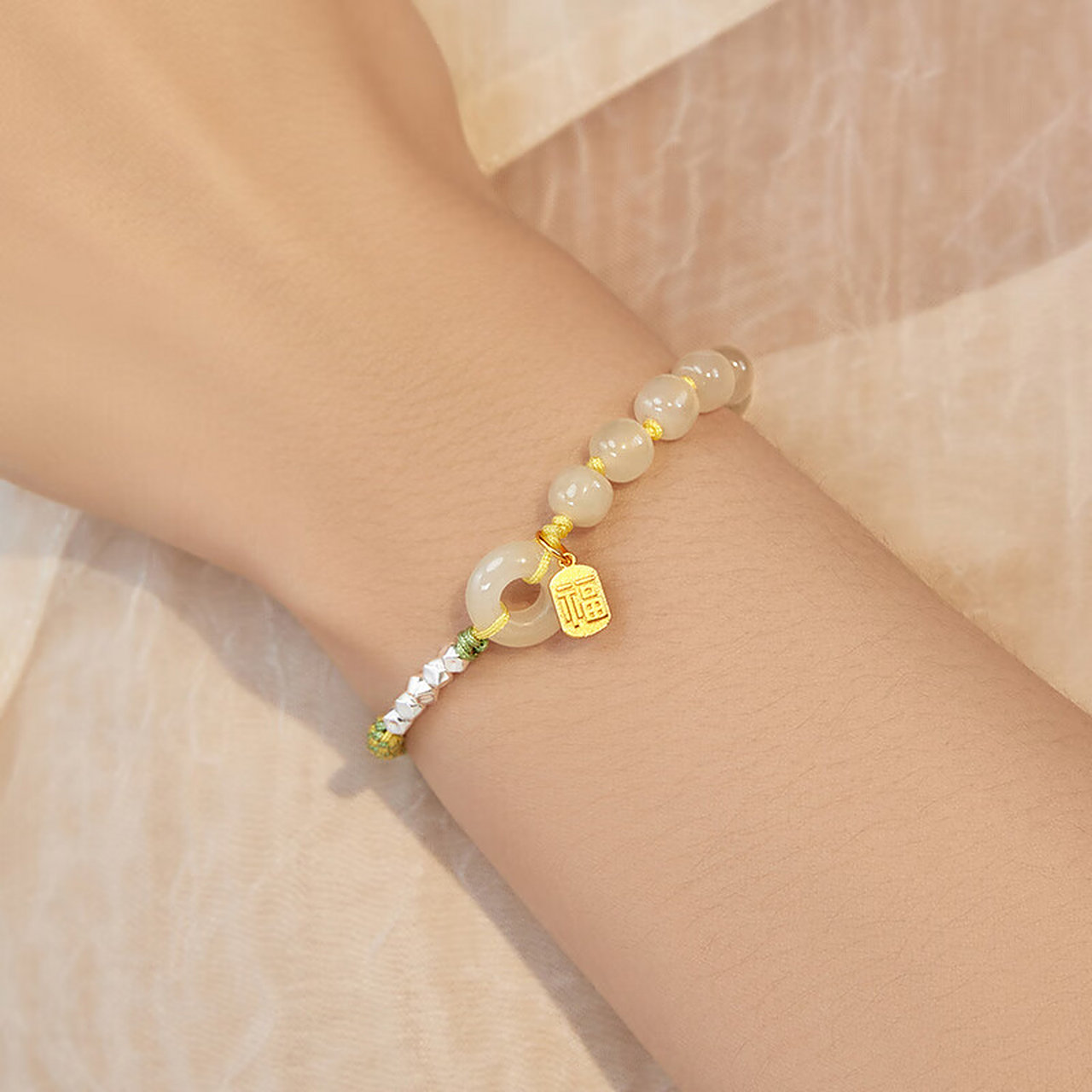 中国黄金(china gold)和田玉手链碎银几两平安扣手链编绳手绳手串送