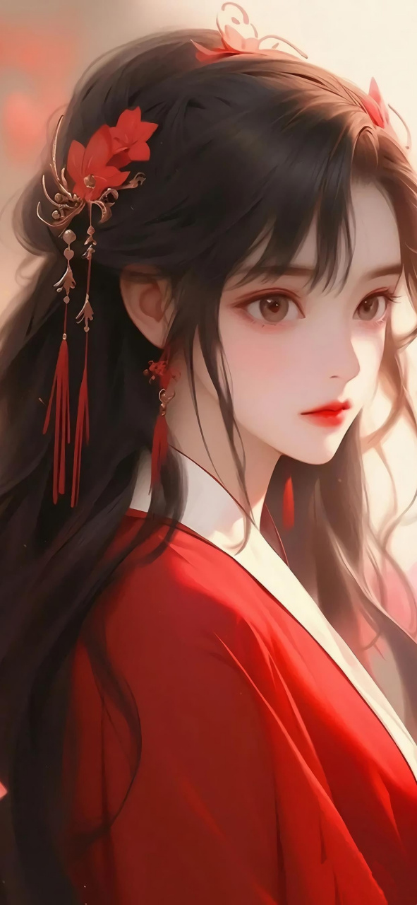 红衣系古风插画女生壁纸 ​​​