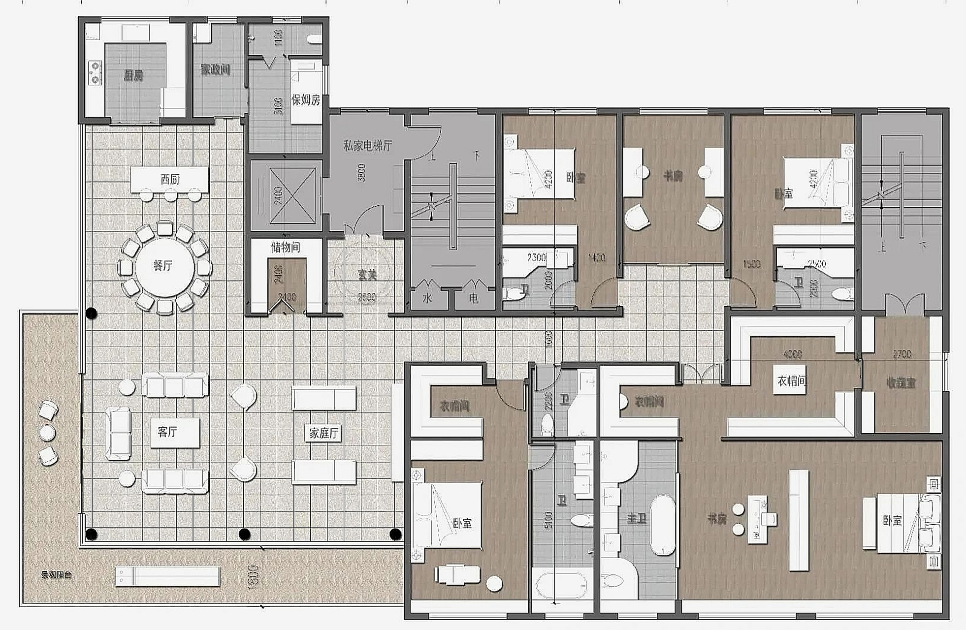这是一套面积386平方米5房3厅的大平层,l型厅设计,采光非常好,有中厨