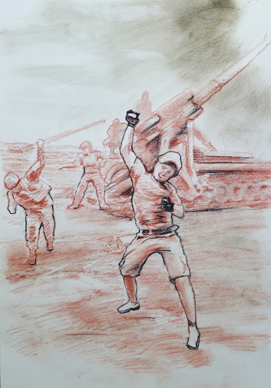 炮击俄军阵地 	 素描画 	 一群欢乐的乌军士兵在大炮前跳起了舞,在他