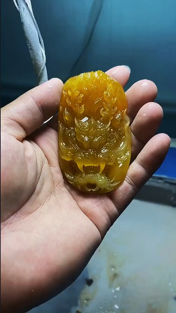 岫玉黄金玉雕刻龙牌#雕刻