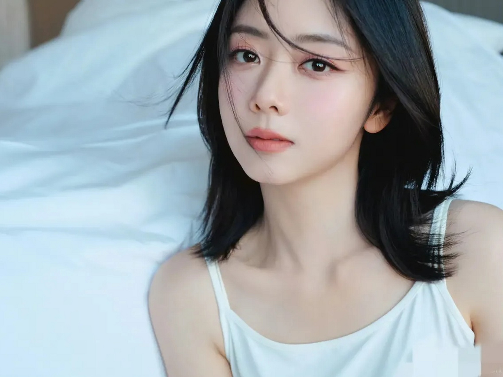 照片中,谭松韵的打扮十分低调简约,一件雪白的吊带上衣,丝毫没