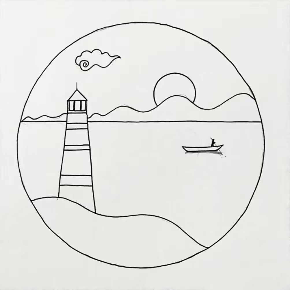 原创黑白线条画《海边夕阳》