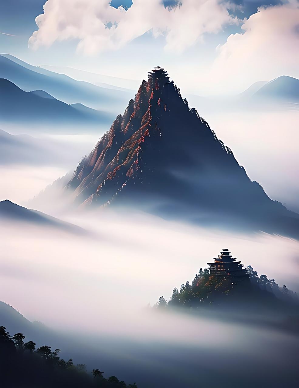 那些笼罩在山头的云雾,就像是戴在山顶上的白色绒帽;那些缠绕在半山的