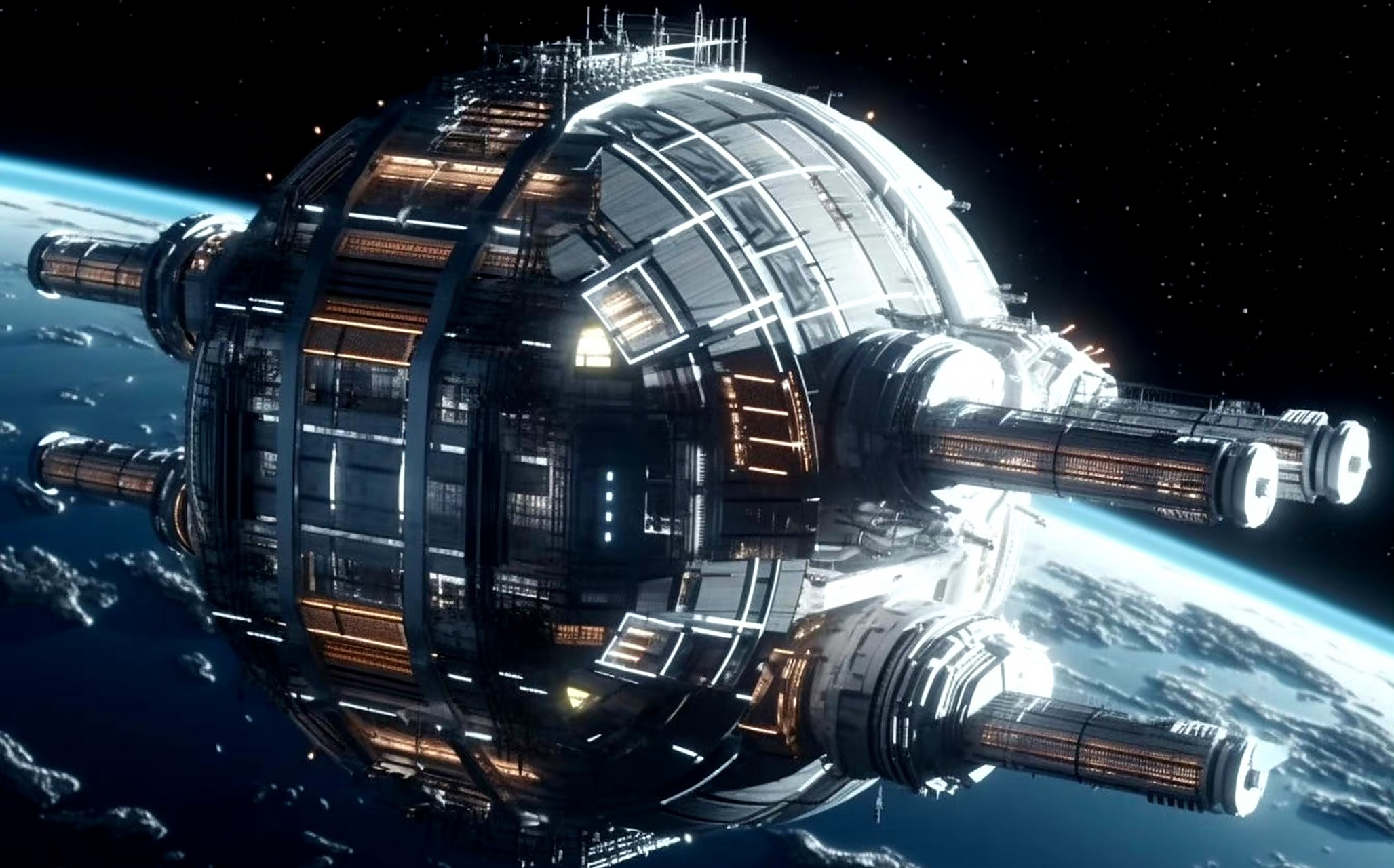 ai创作:一组未来空间站的概念图,大部分都具有可旋转的人工重力环形