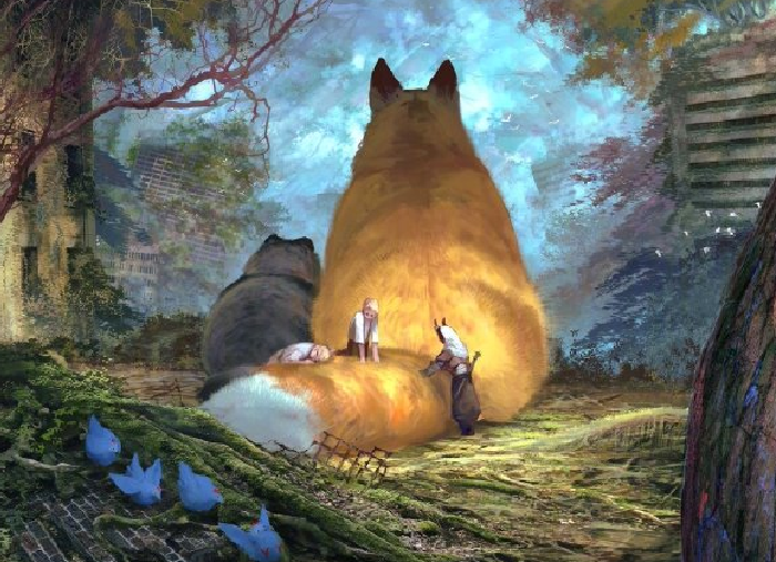 画师绘制巨大化动物们,躺在猫咪肚子上睡觉,感觉被治愈了