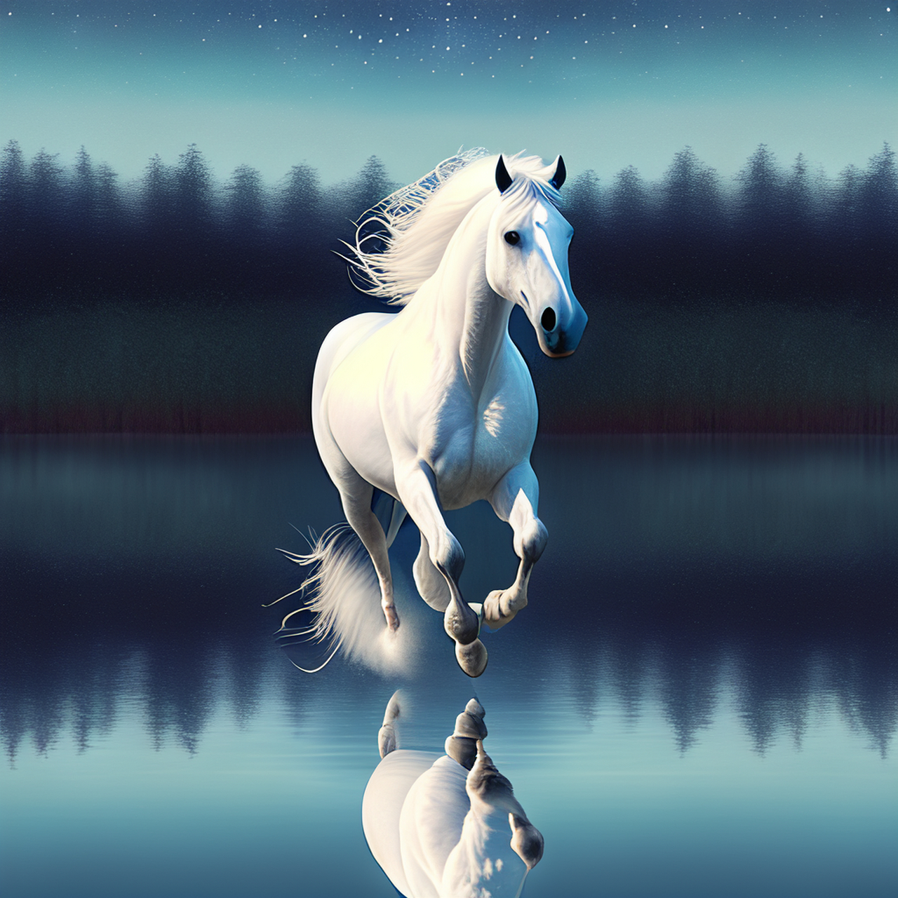 明朗的月夜,一匹白马在水平如镜的湖面上停留或奔跑,营造出一种超现实