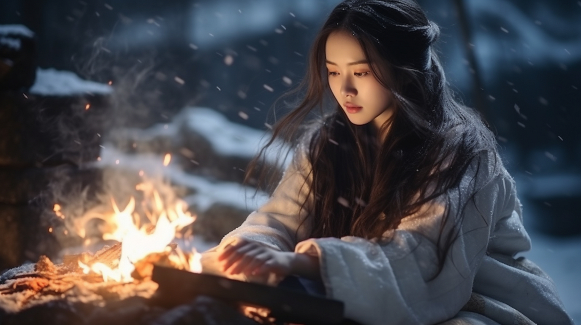 在这寂静的冬日,一个身穿古装的年轻女子坐在雪地里,面前生着一个火堆