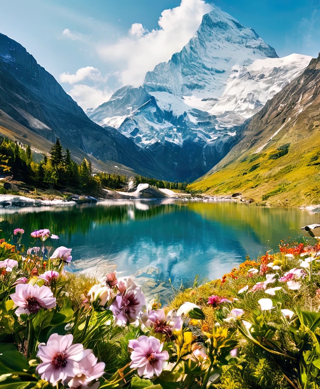 湖水清澈,碧波荡漾.湖畔四周环绕着连绵起伏的雪山