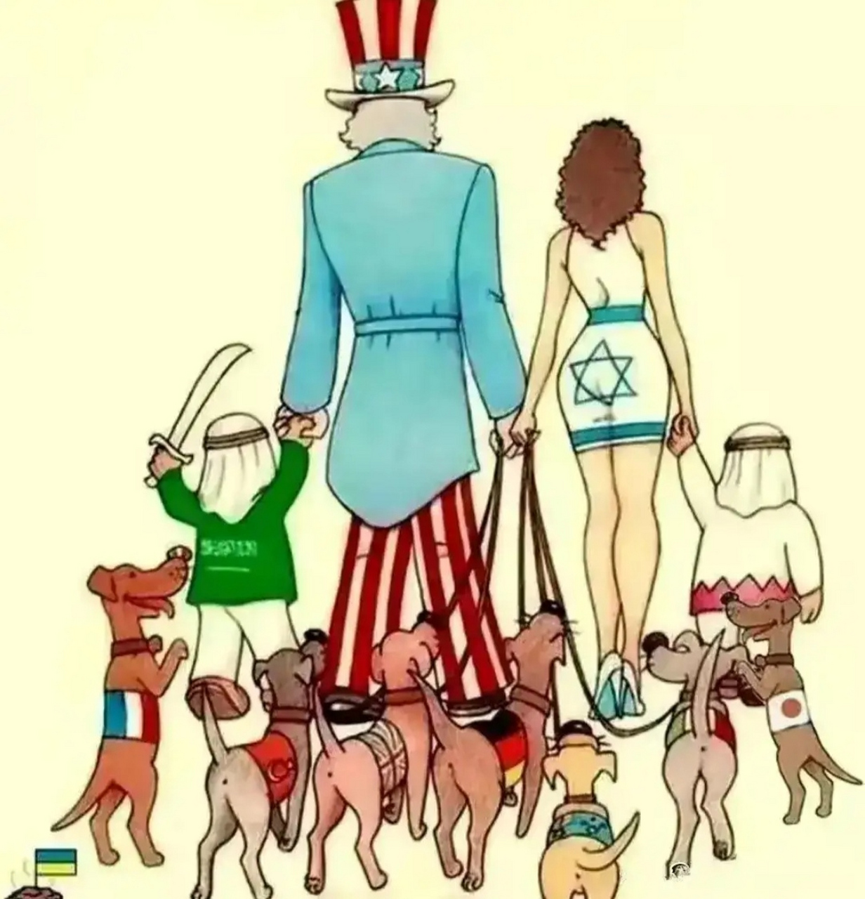 这两幅漫画构思巧妙,极其形象的刻画了美欧之间的从属关系,每一幅都入