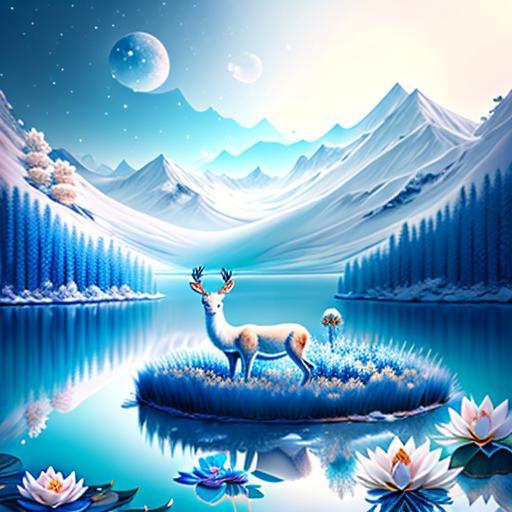 ai唯美风景:雪莲花,雪山,白鹿,梦幻蓝莲花