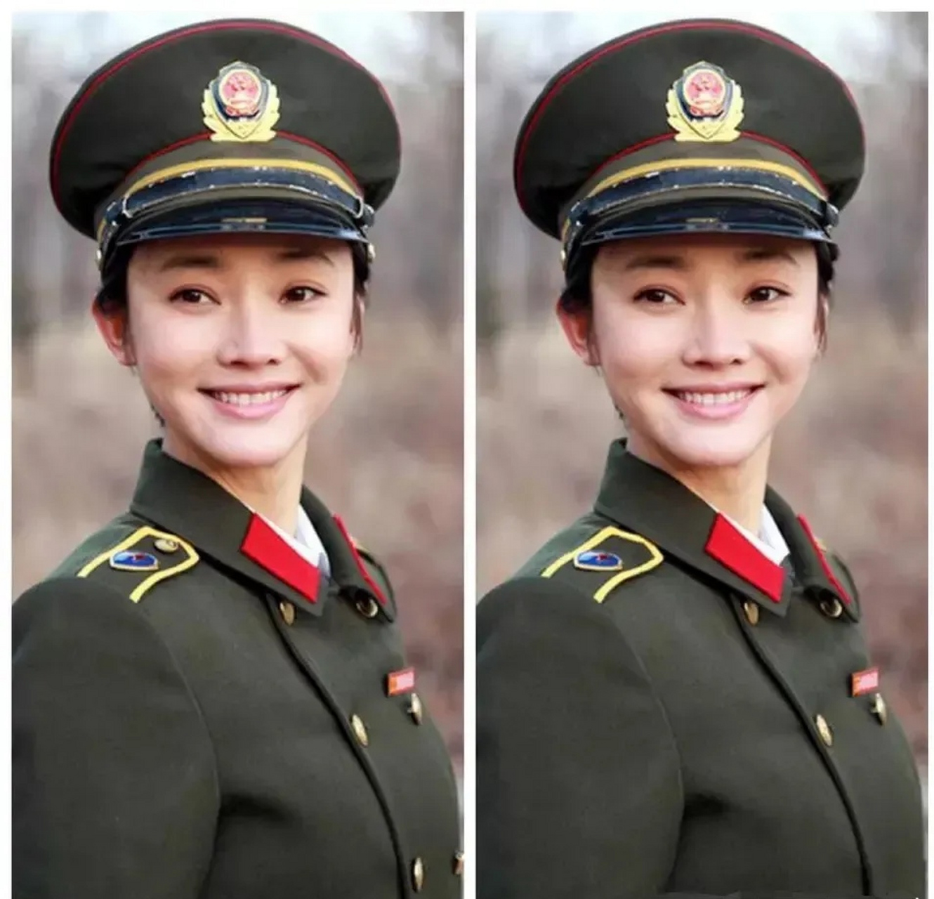 考眼力找不同:  图中是一个头戴军帽, 身穿军装, 面露甜美微笑的女孩!