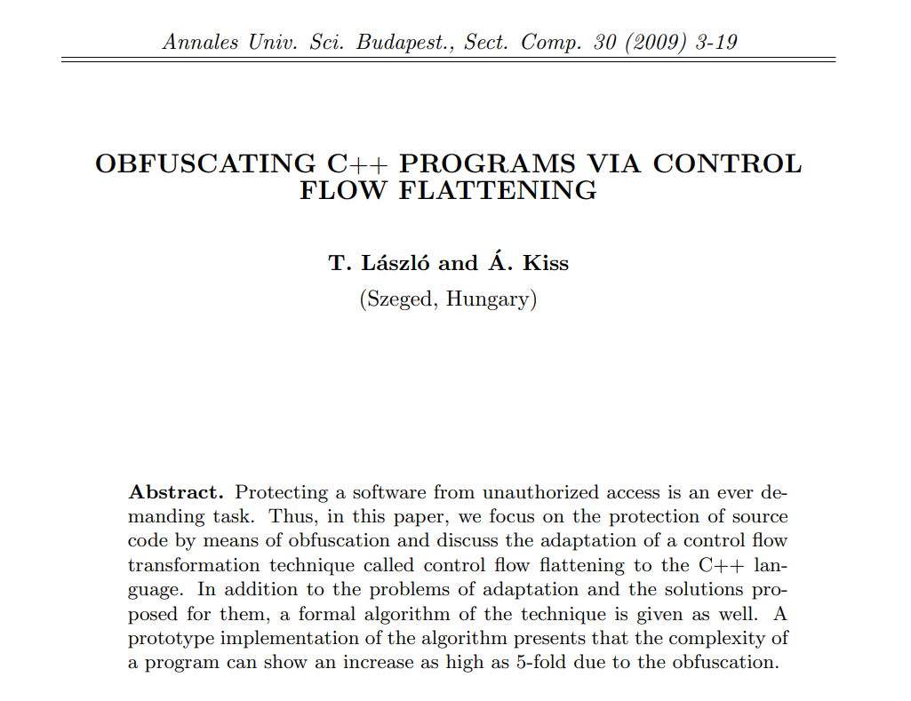 报告概要翻译：OBFUSCATING C++ PROGRAMS VIA CONTROL FLOW FLATTENING