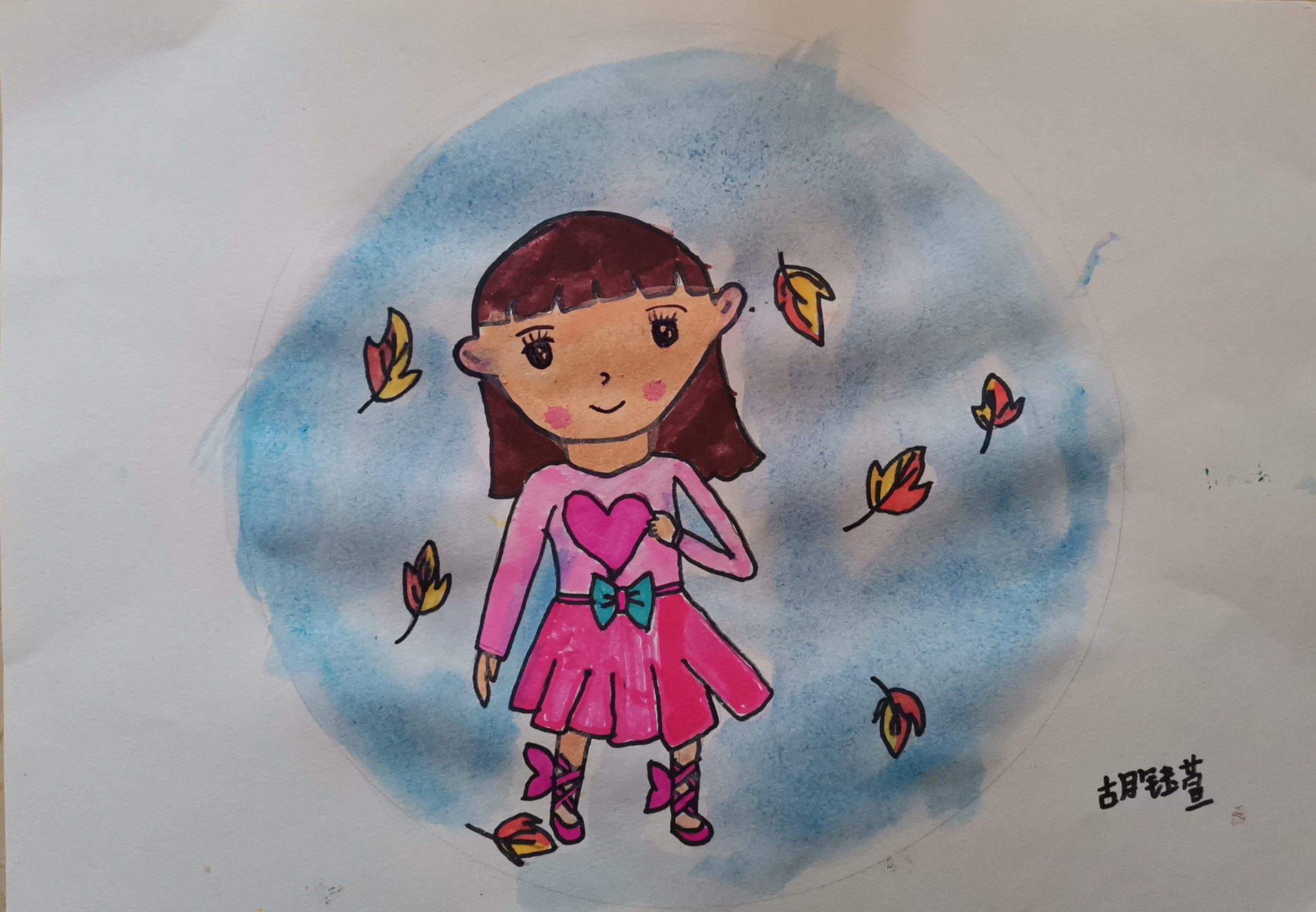 适合一二年级美术作品《秋天的叶子》 7岁学生作品.