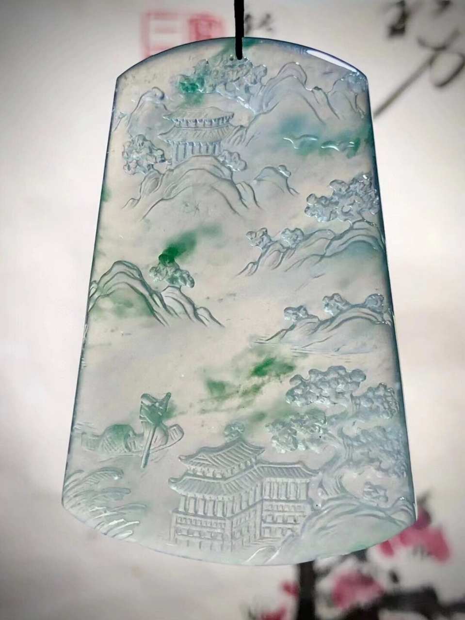 老坑冰种翡翠山水吊坠牌, 山水遇贵人吊坠.