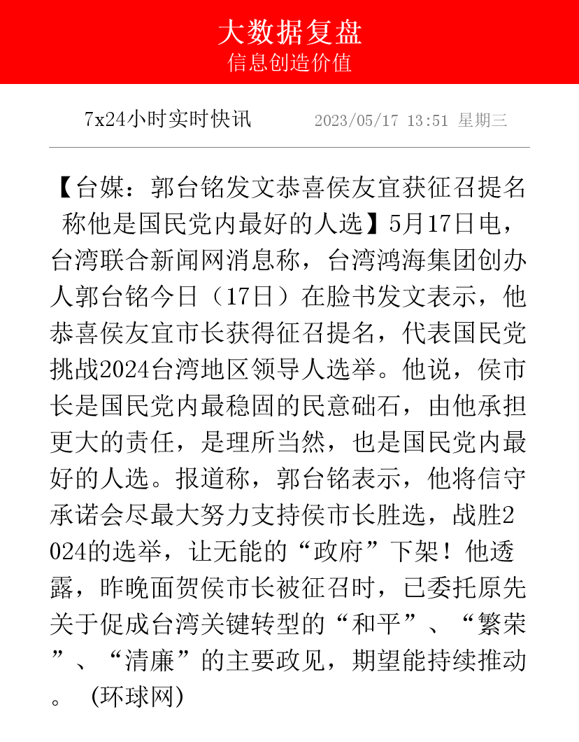 郭台铭发文恭喜侯友宜获征召提名