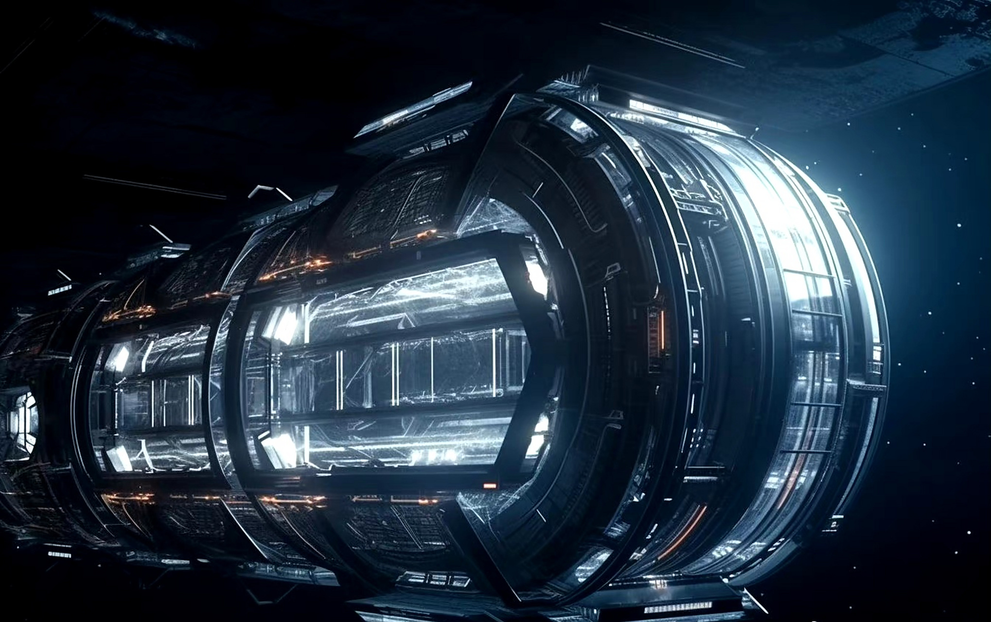 ai创作:一组未来空间站的概念图,大部分都具有可旋转的人工重力环形