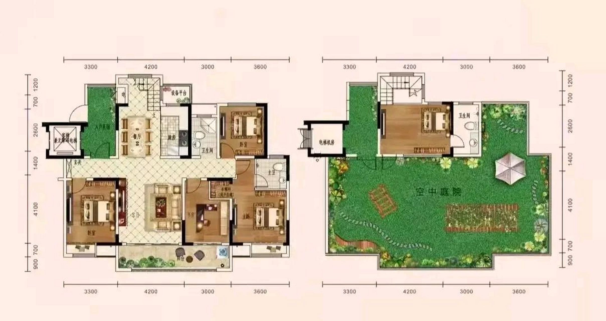 并不是普通的复式户型,而是把空中花园做的非常规整,纯粹的性质展现的