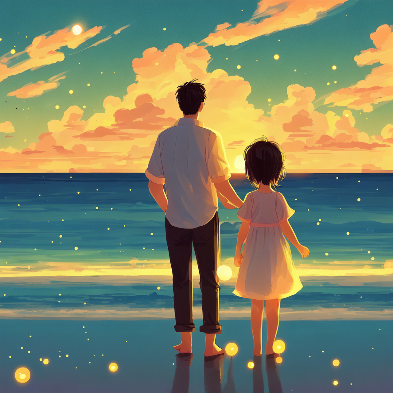 远景构图,梦幻唯美二次元可爱扁平插画,帅气爸爸,可爱女儿,发光莹火虫
