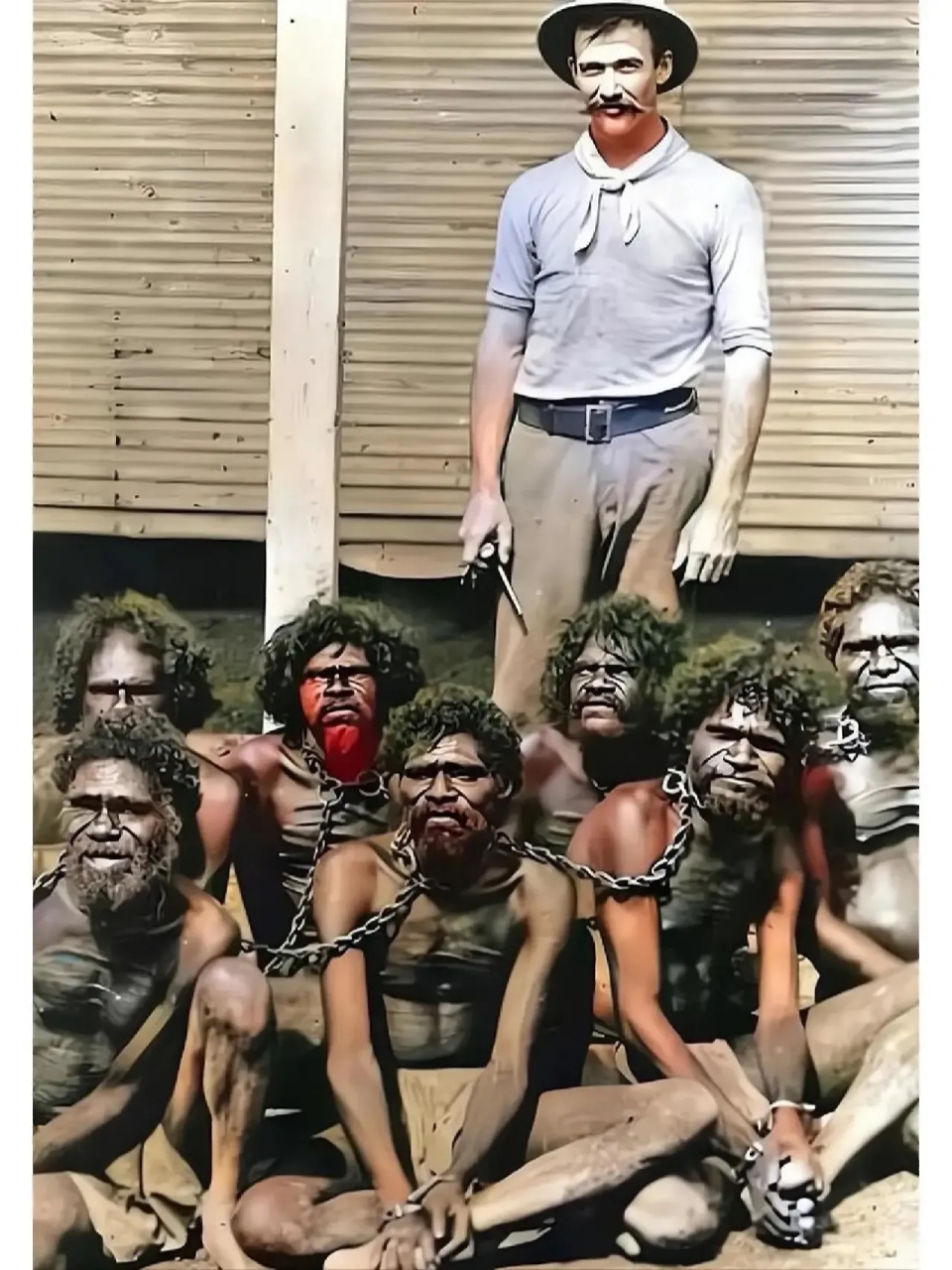 1883年,一个英国人,和一群被铁链锁着的澳洲土著人,拍摄的一张老照片.