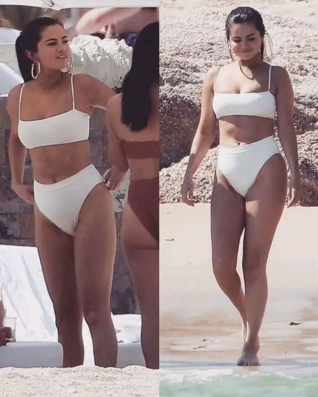 赛琳娜戈麦斯的白色系泳装造型,穿出她纤细婀娜的身姿线条,显得阳光又