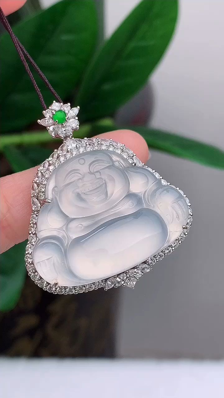 天然a货翡翠 18k金豪华伴钻镶嵌老坑白冰种大肚佛公吊坠 玉质细腻 种