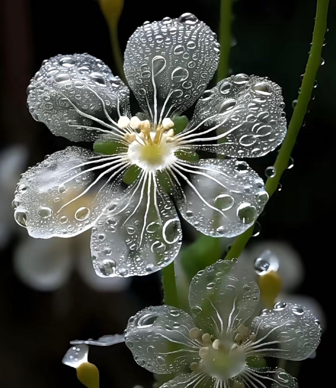 好美的山荷叶花,淋雨后变成透明,雨过天晴后变回白色,它的花语是"纯净