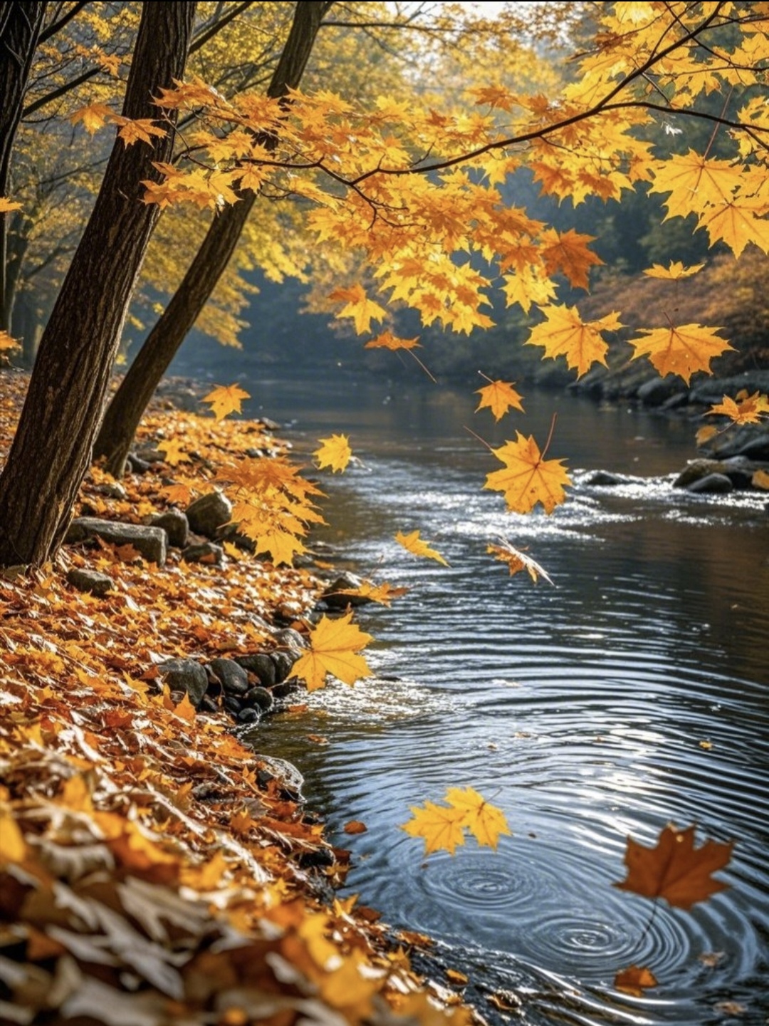 秋日河畔,落叶纷飞,如诗如画