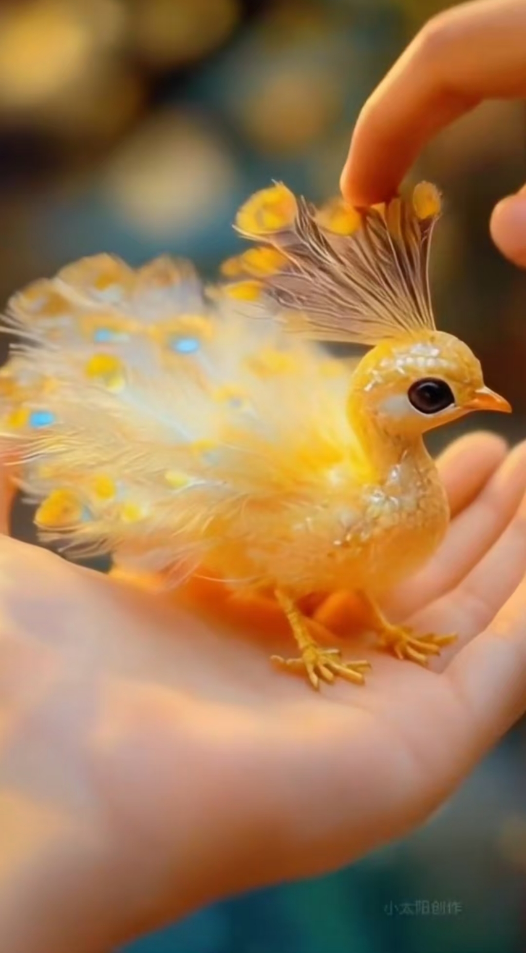 这只可爱的小孔雀正站在手上呢.稳稳当当