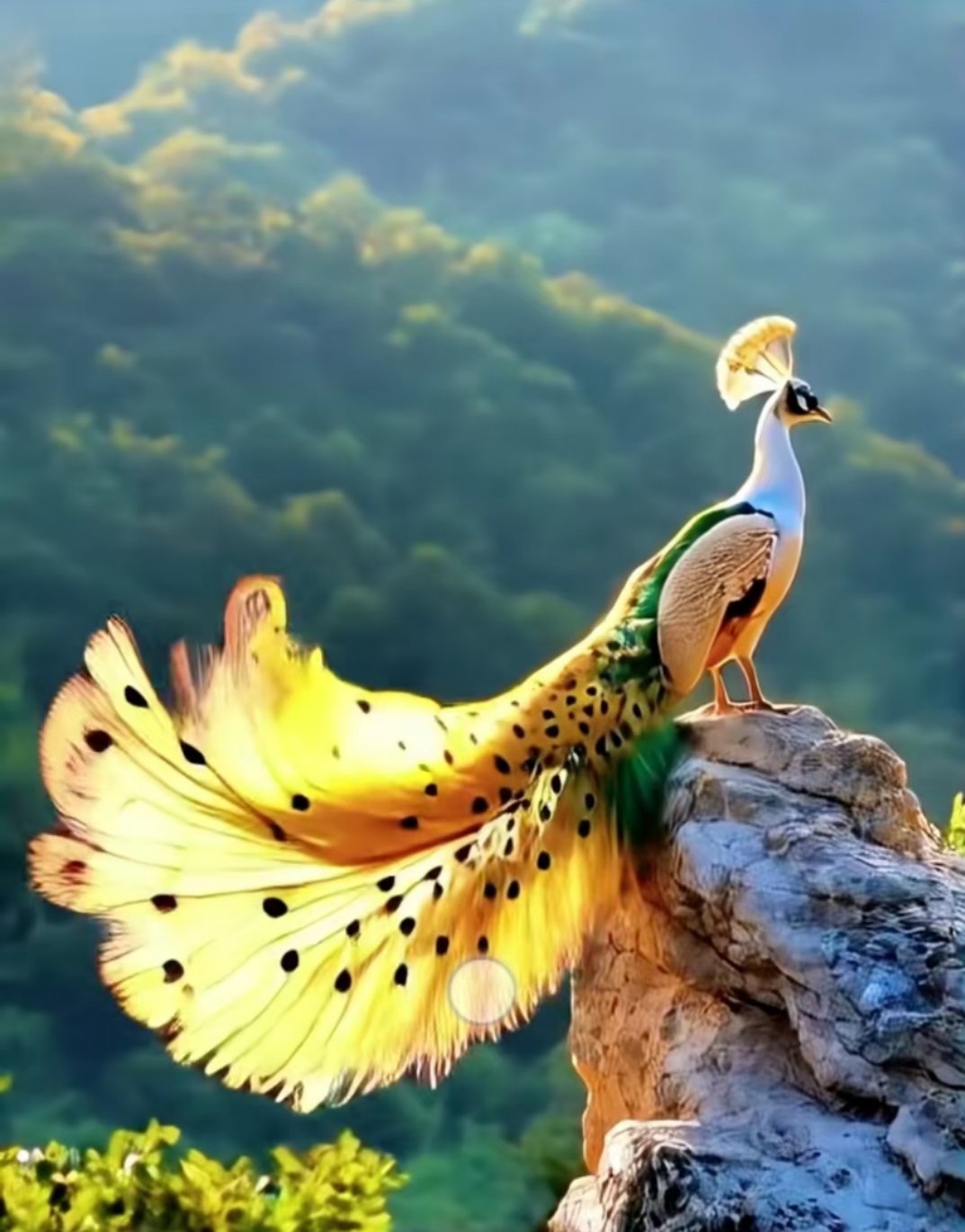 山峰的岩石上,一只黄色孔雀开屏了