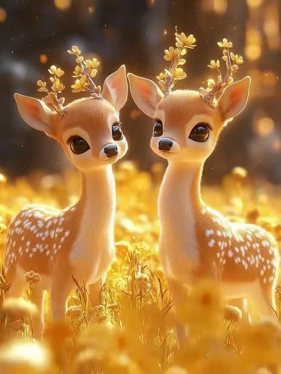 在那一片金黄的草丛之中,两只美丽的小鹿宛如来自神秘仙境的精灵