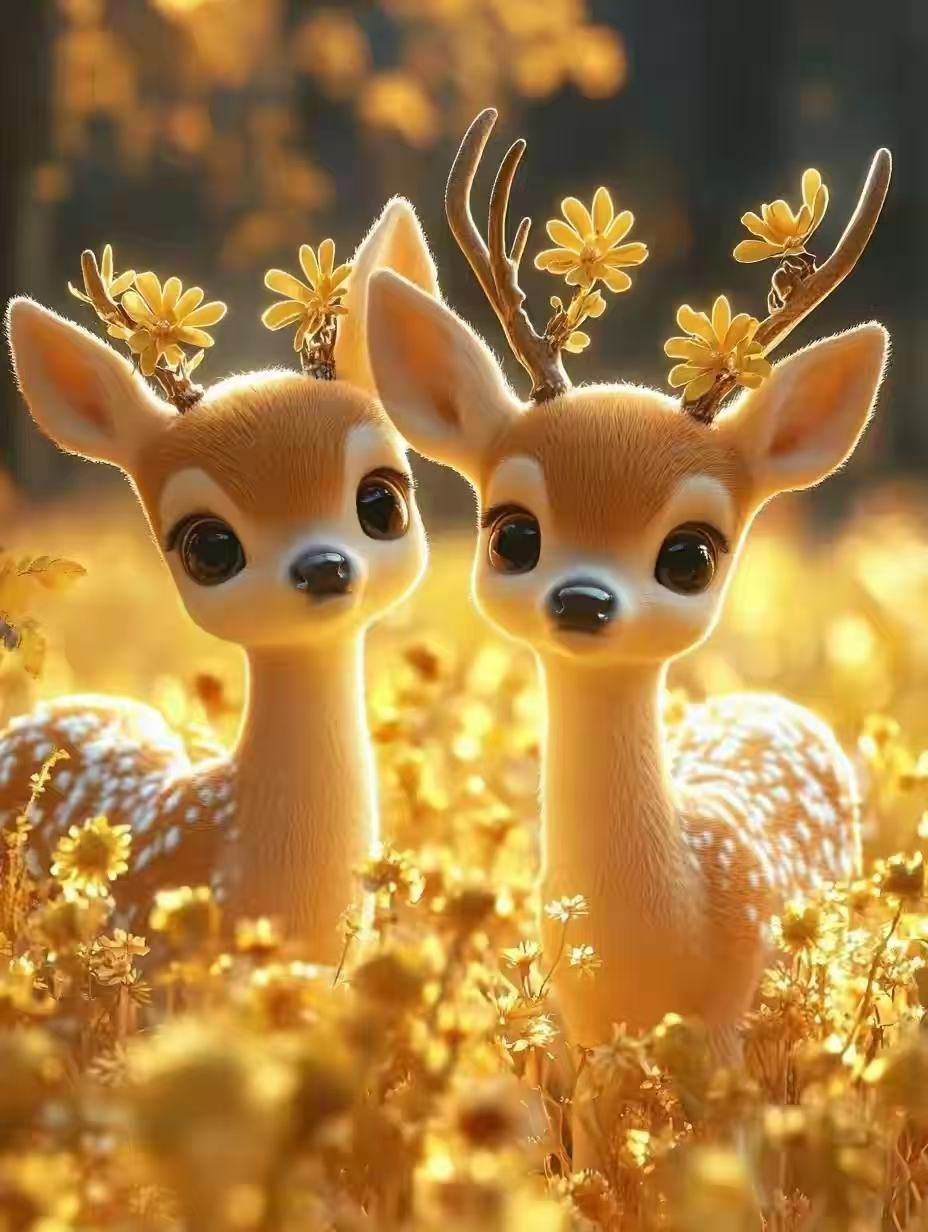 在那一片金黄的草丛之中,两只美丽的小鹿宛如来自神秘仙境的精灵