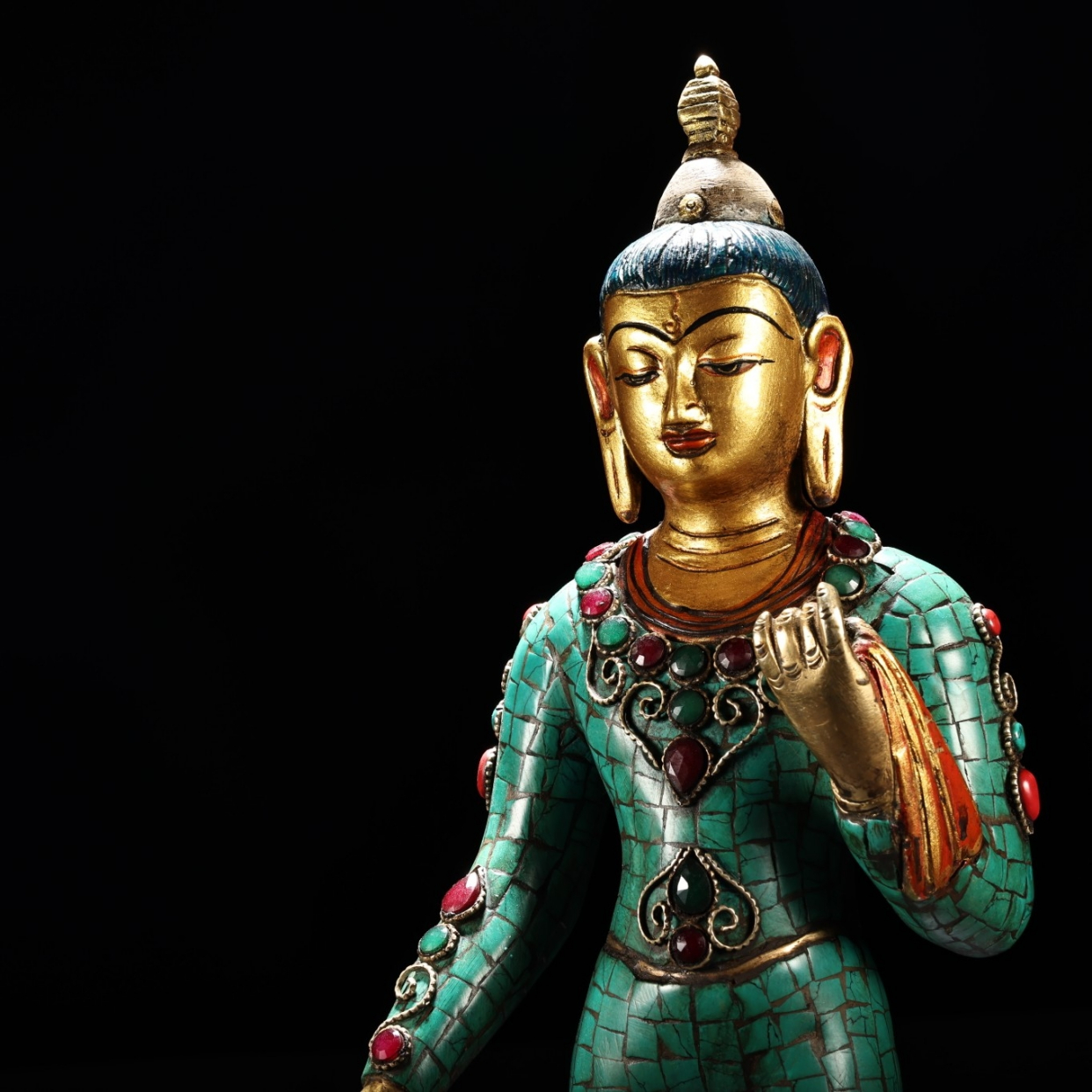 收藏传工艺镶嵌宝石彩绘描金藏传佛教密宗站释迦摩尼佛祖佛像