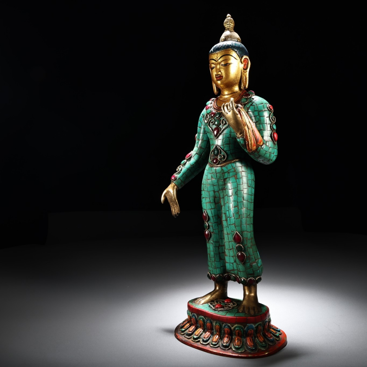 收藏传工艺镶嵌宝石彩绘描金藏传佛教密宗站释迦摩尼佛祖佛像