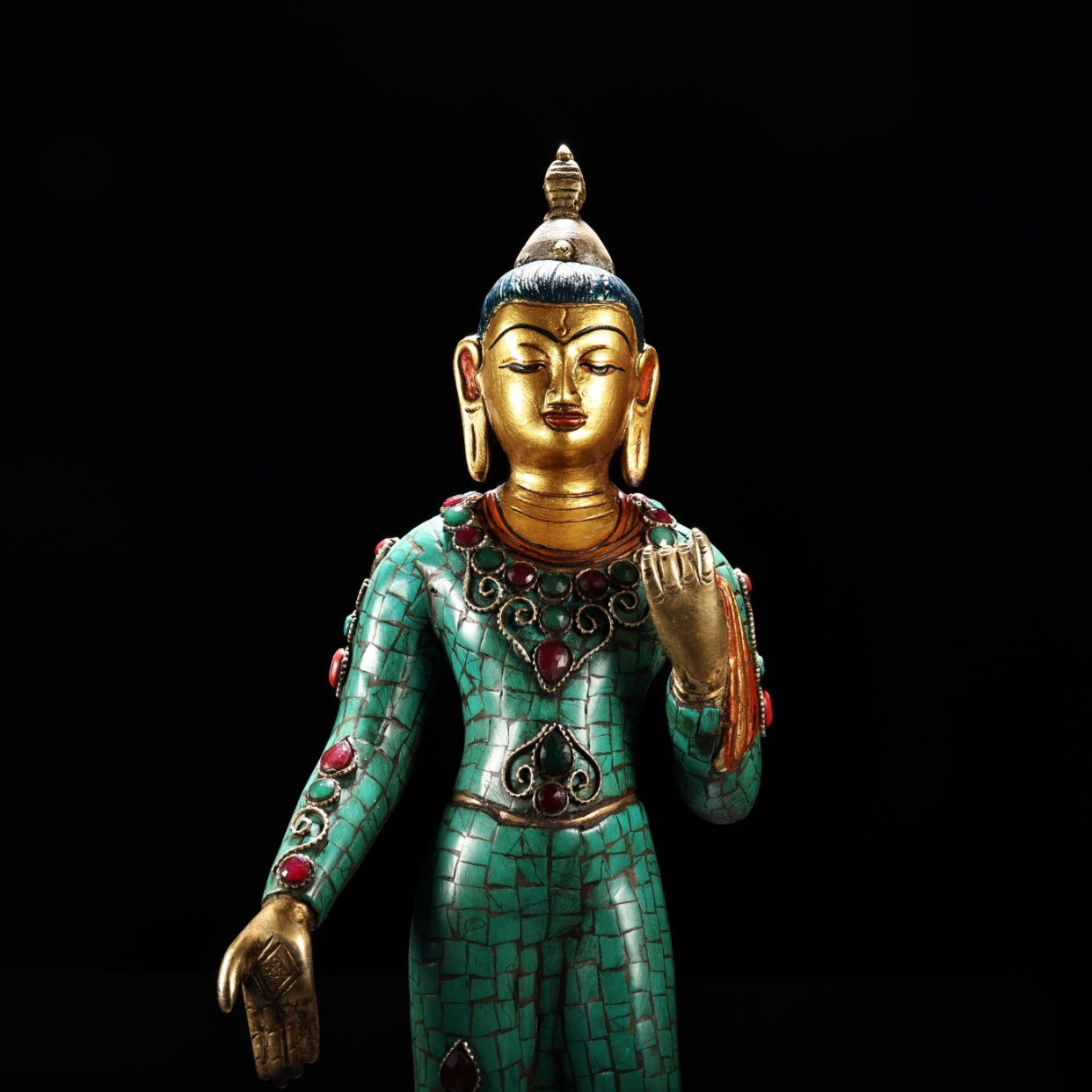 收藏传工艺镶嵌宝石彩绘描金藏传佛教密宗站释迦摩尼佛祖佛像