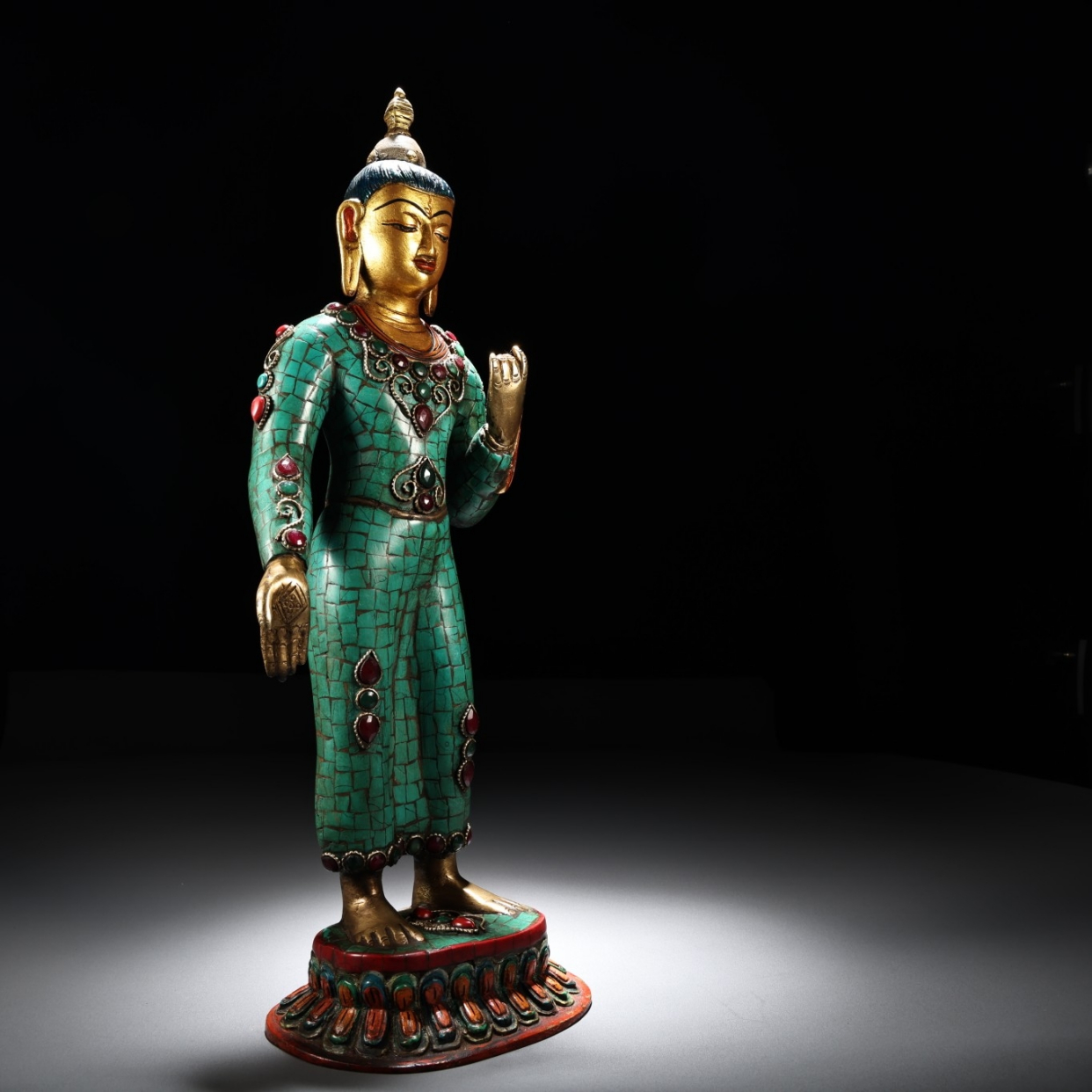 收藏传工艺镶嵌宝石彩绘描金藏传佛教密宗站释迦摩尼佛祖佛像