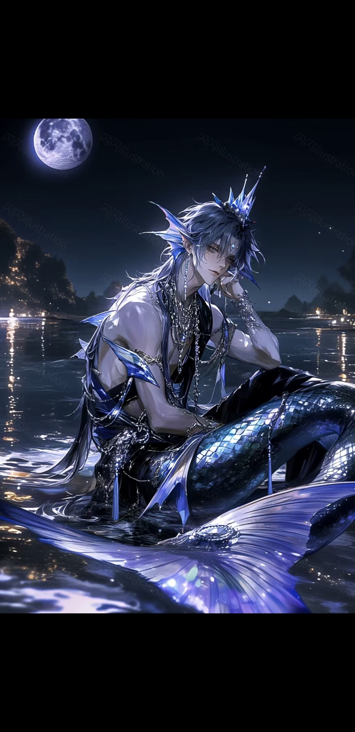 这幅插画中,塞壬王身姿优雅,银色尾巴在波光粼粼的海水中轻轻摇曳