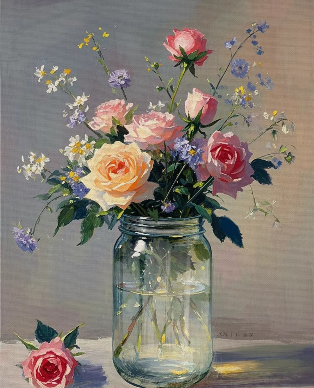 油画欣赏,田园风格瓶插花