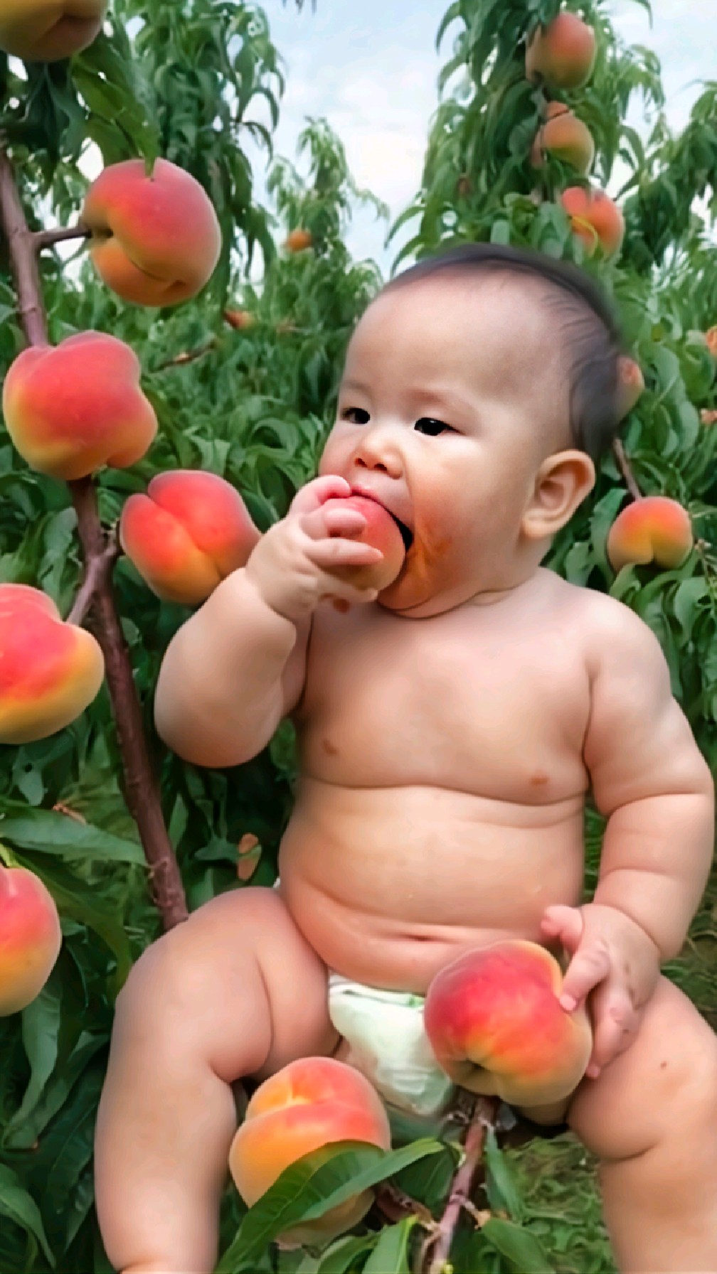 新鲜的桃子就是甜,宝宝直接坐在树上吃