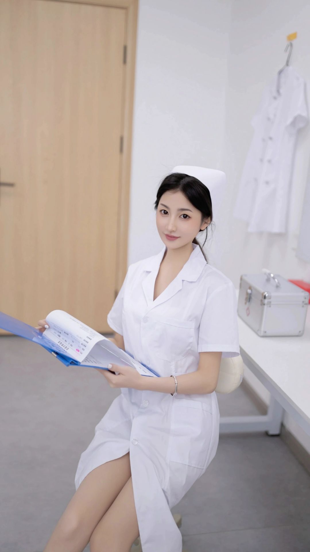 这条白色护士外套是很简约的设计,并没有过多的设计细节来点缀,裁剪