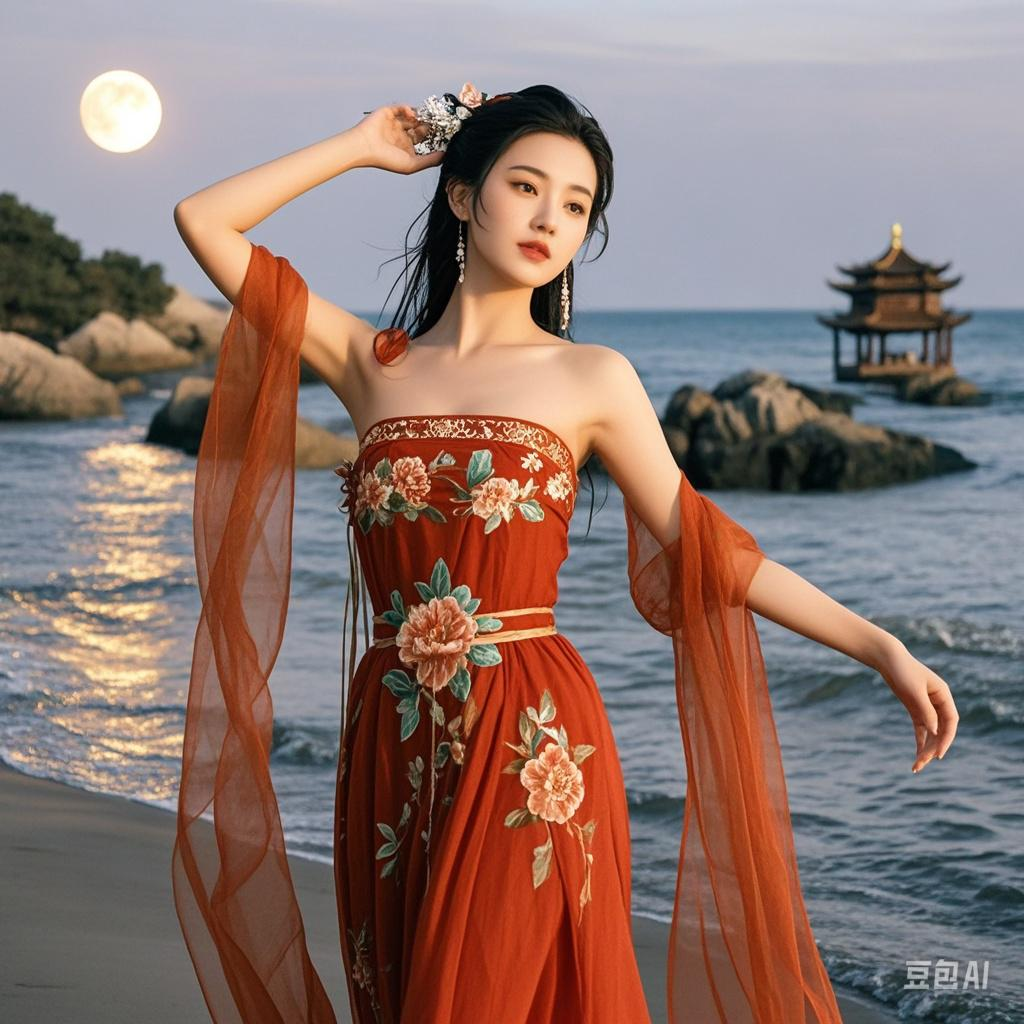 那身石榴红抹胸襦裙,以金线绣着繁复牡丹,轻透薄纱披肩,随风而动,尽显