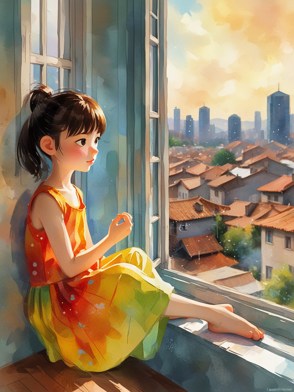 可爱的小女孩独坐窗前