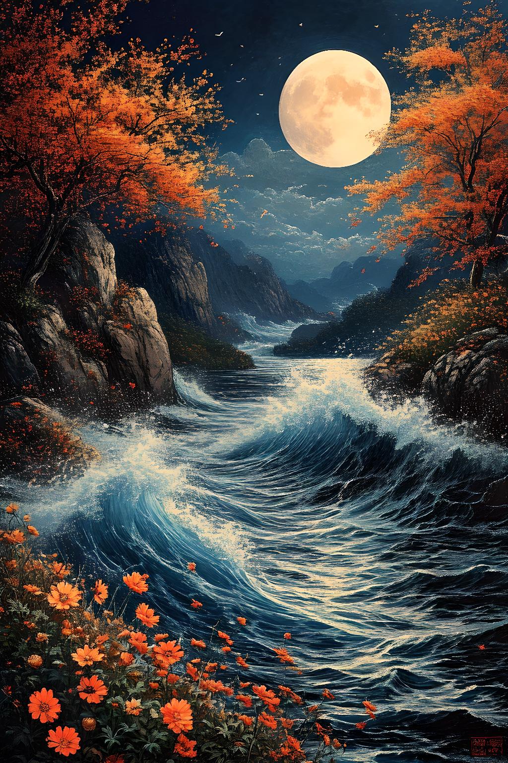 月光下的海浪与鲜花,梦幻般的美景