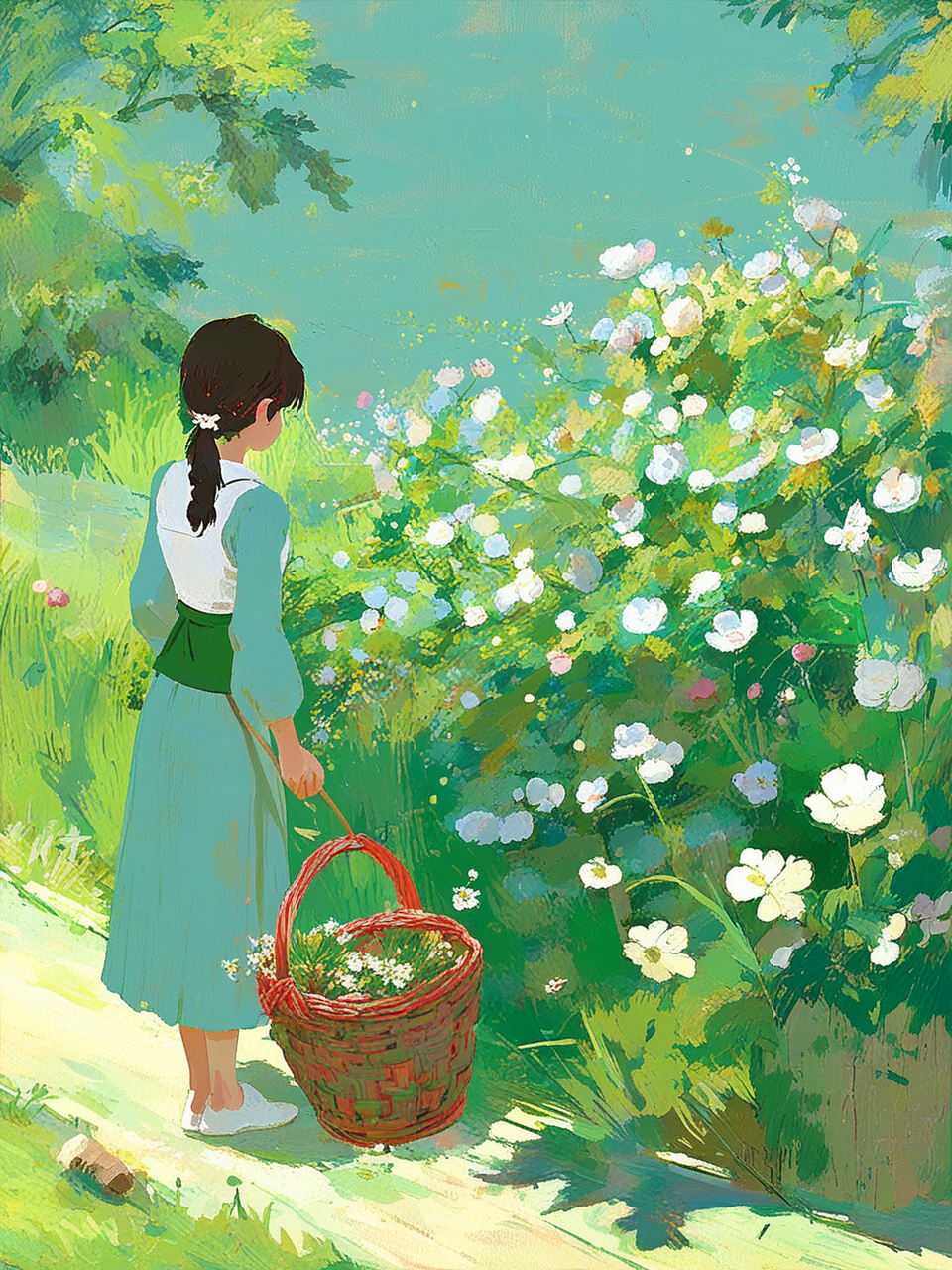 少女在花丛中采花