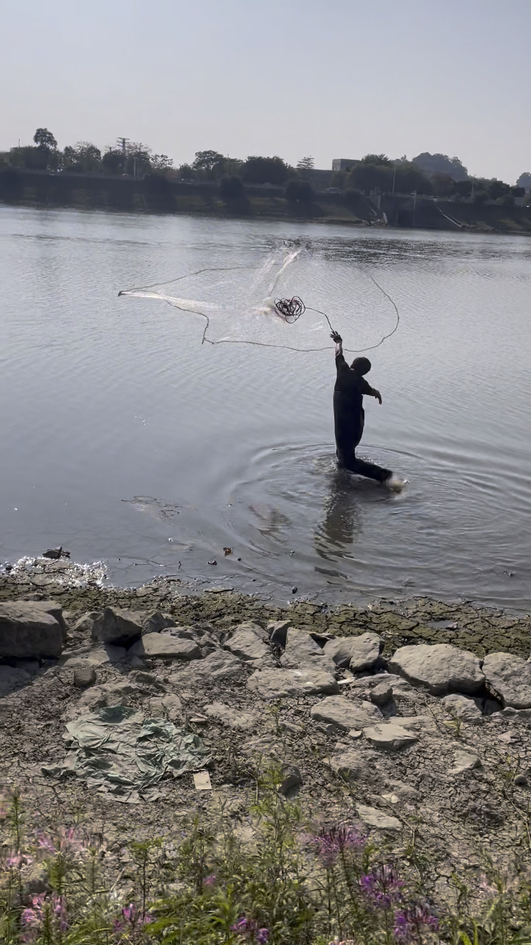 夕阳下小伙抓鱼爆网了!
