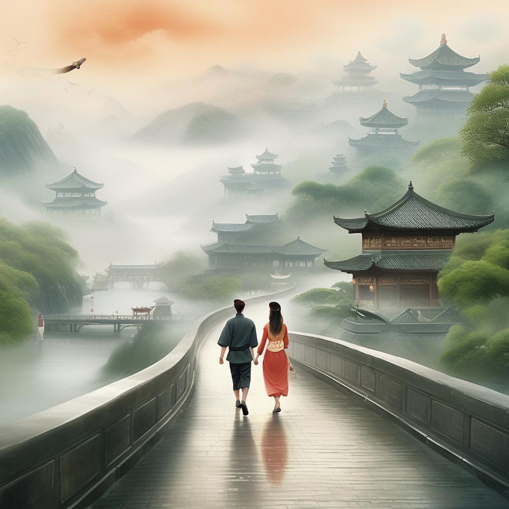 烟雨蒙蒙中的江南小径,青石板路上留下轻盈足迹,远处,山水画卷般展开