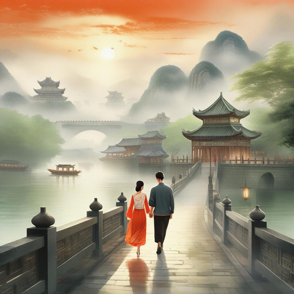 烟雨蒙蒙中的江南小径,青石板路上留下轻盈足迹,远处,山水画卷般展开