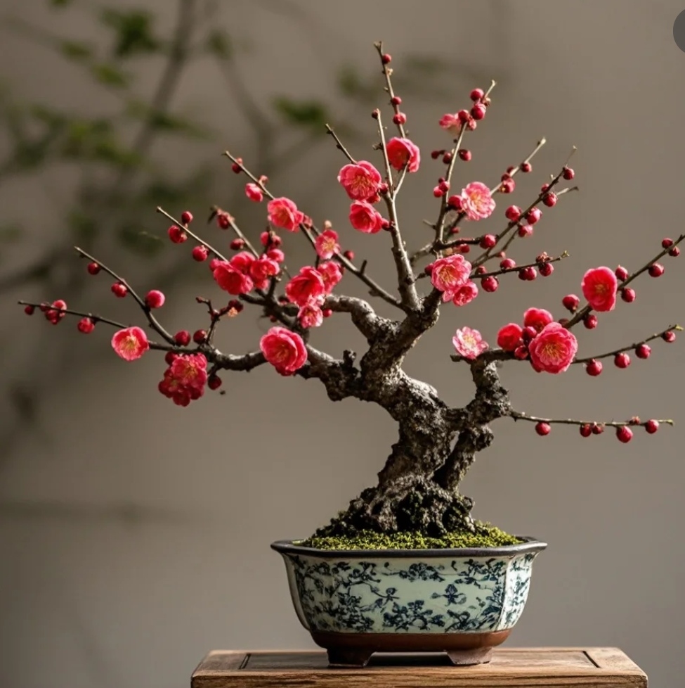 老桩红梅骨里红经过多年的生长和修剪,树形千姿百态,有的弯曲盘旋,有