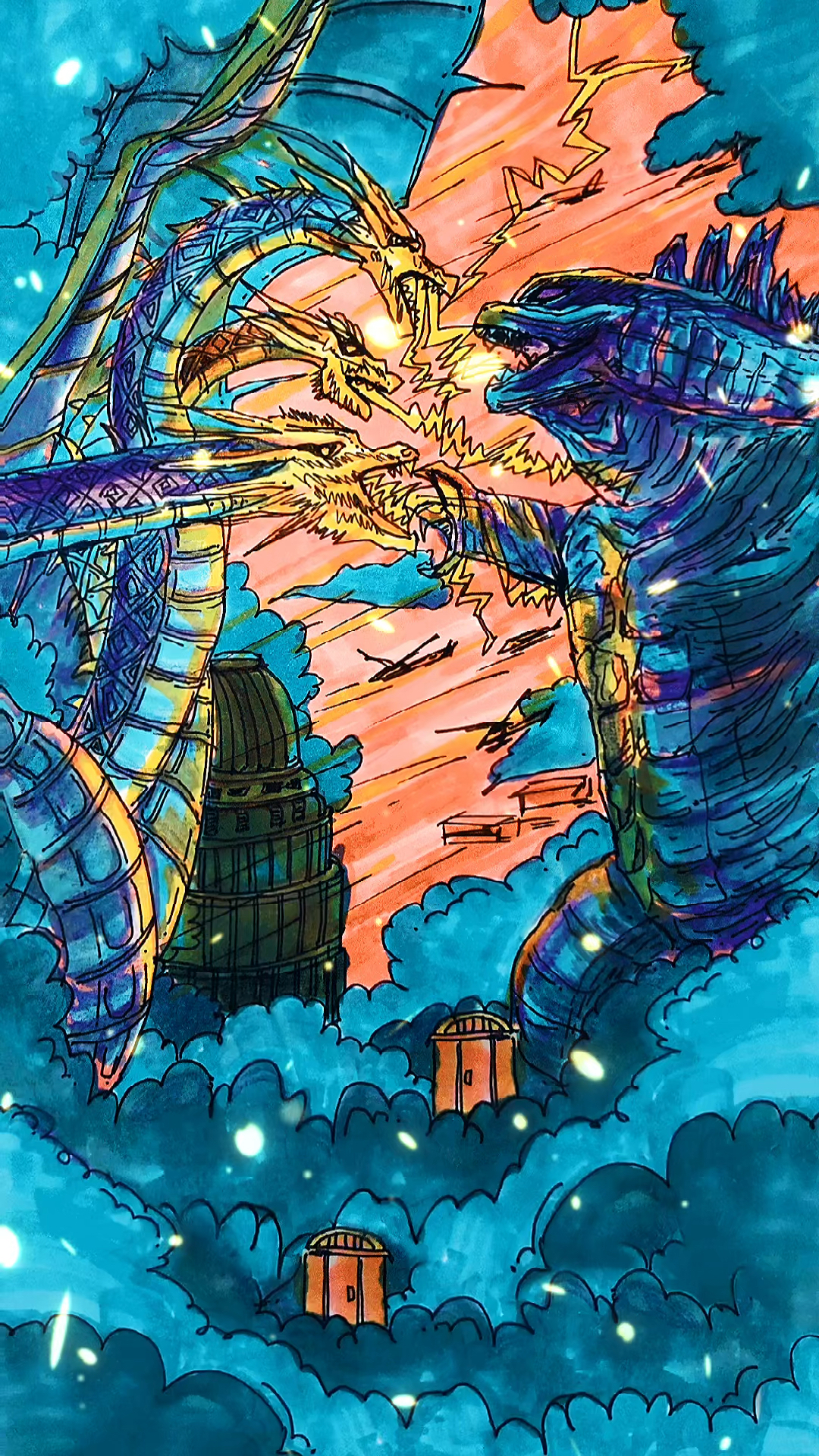 挑战画哥斯拉大战三头巨兽基多拉,简笔画绘画教程,你相信光吗?