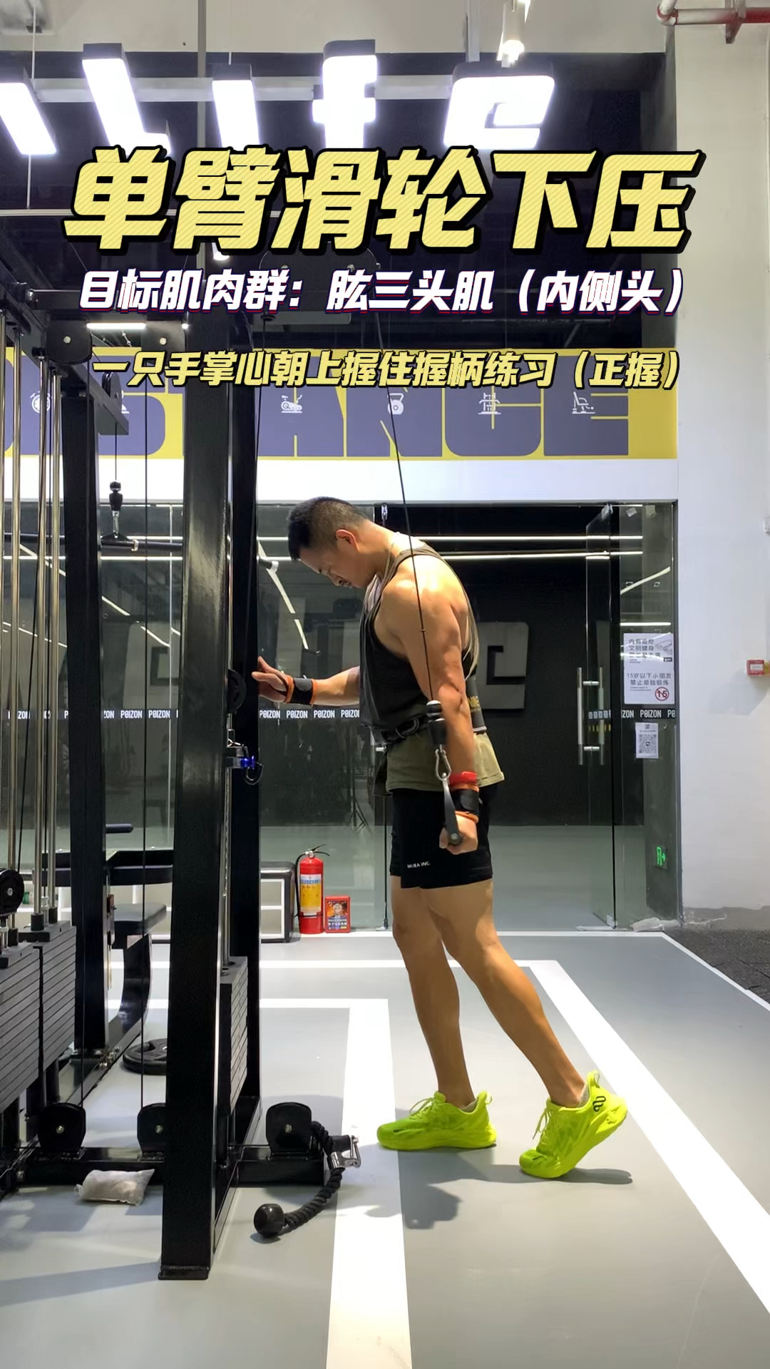 单臂滑轮下压,训练手臂肱三头肌内侧头